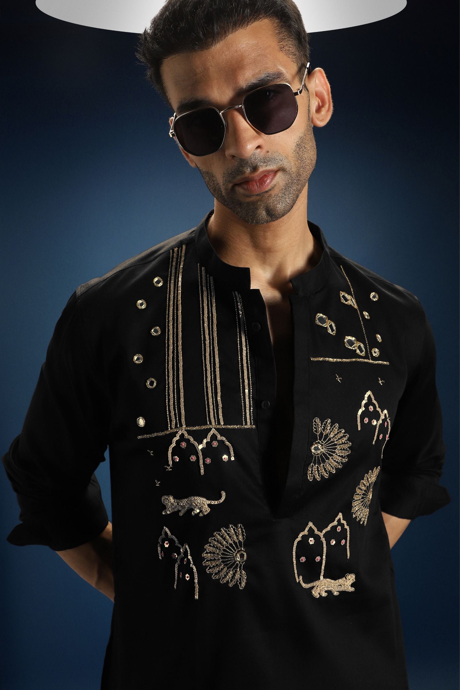 Jaguar Palace Hand Embroidered Designer Kurta - Black
