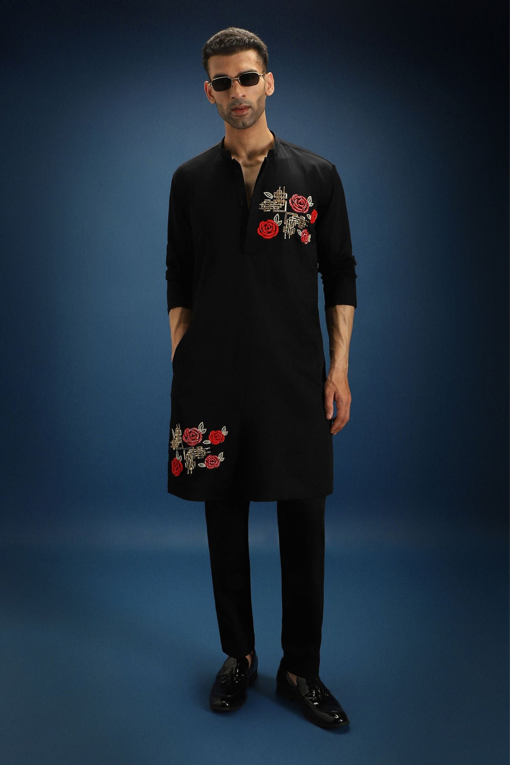 Rosette Hand Embroidered Designer Kurta - Black