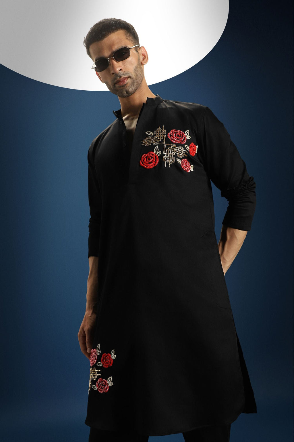 Rosette Hand Embroidered Designer Kurta - Black