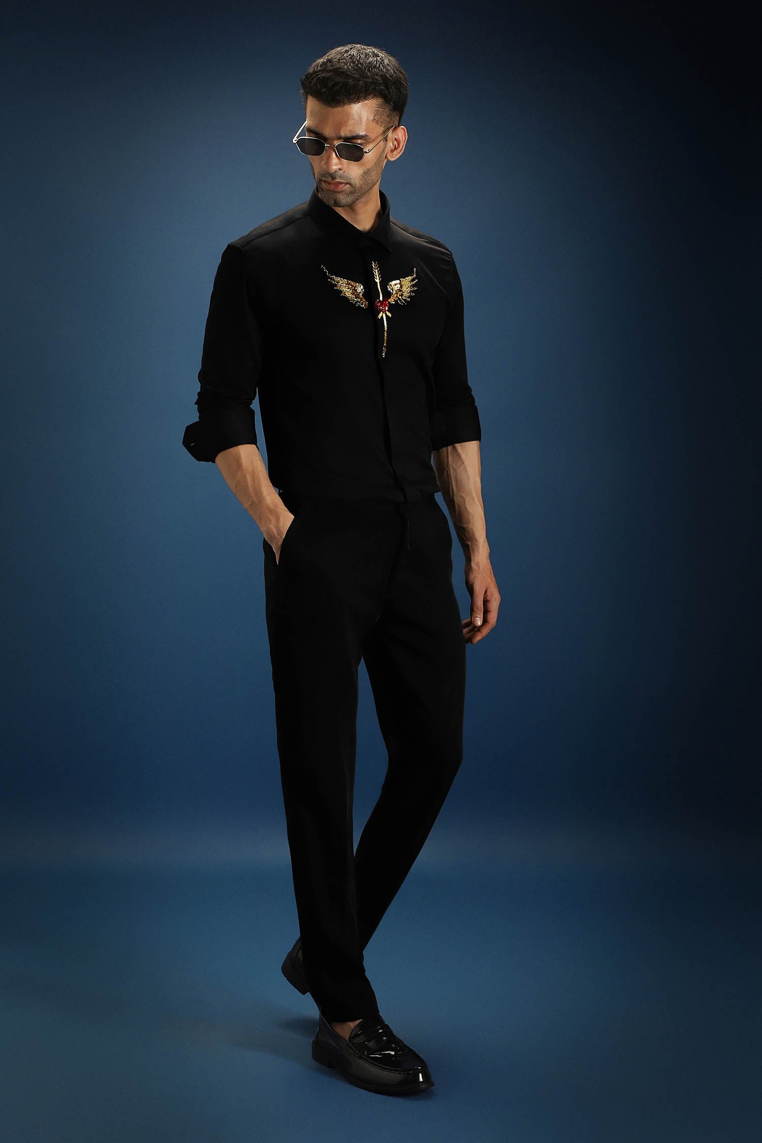 Heart Wing Hand Embroidered Designer Shirt - Black