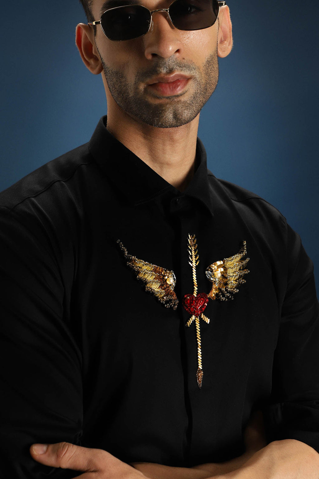 Heart Wing Hand Embroidered Designer Shirt - Black