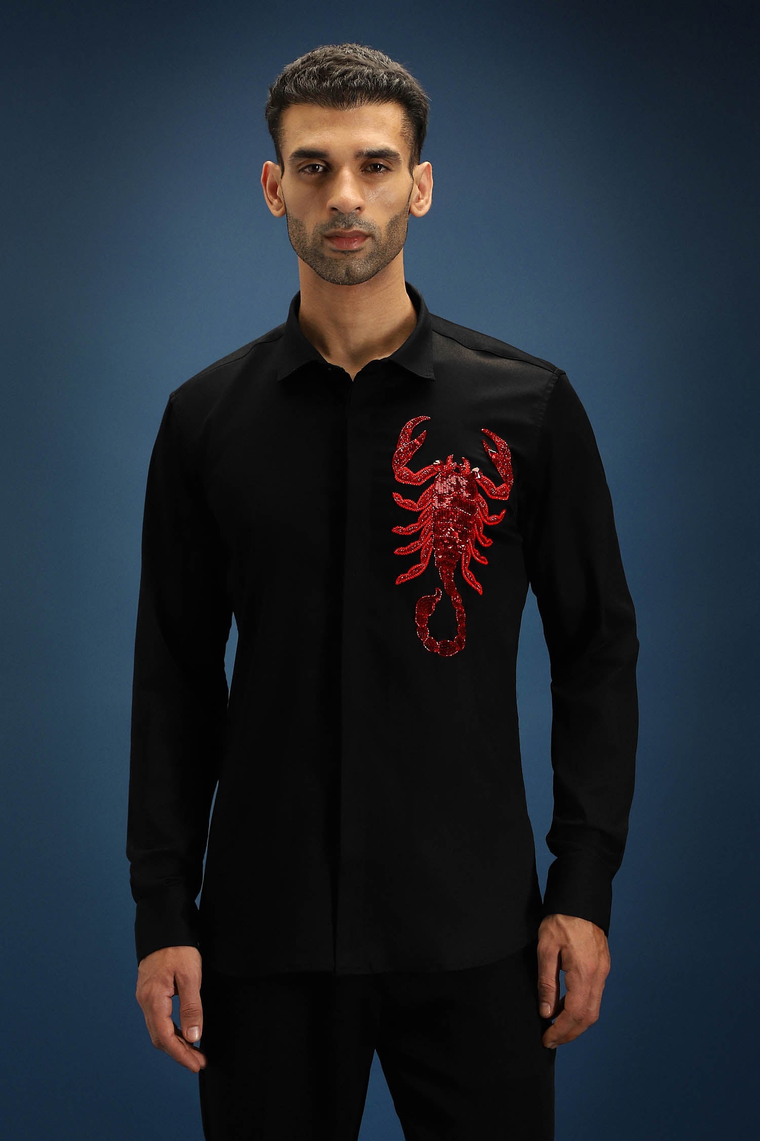 Scorpion Hand Embroidered Designer Shirt - Black