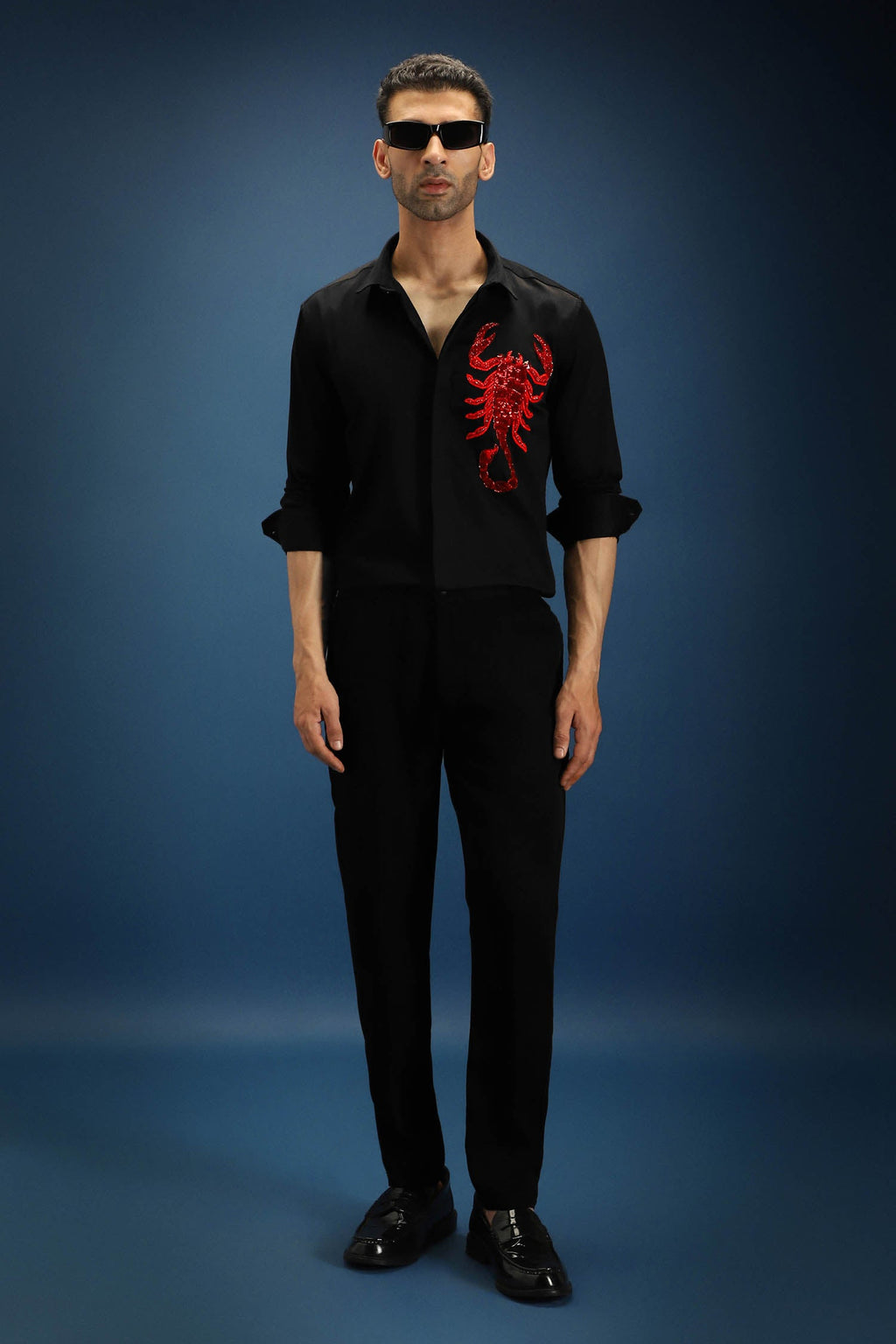 Scorpion Hand Embroidered Designer Shirt - Black