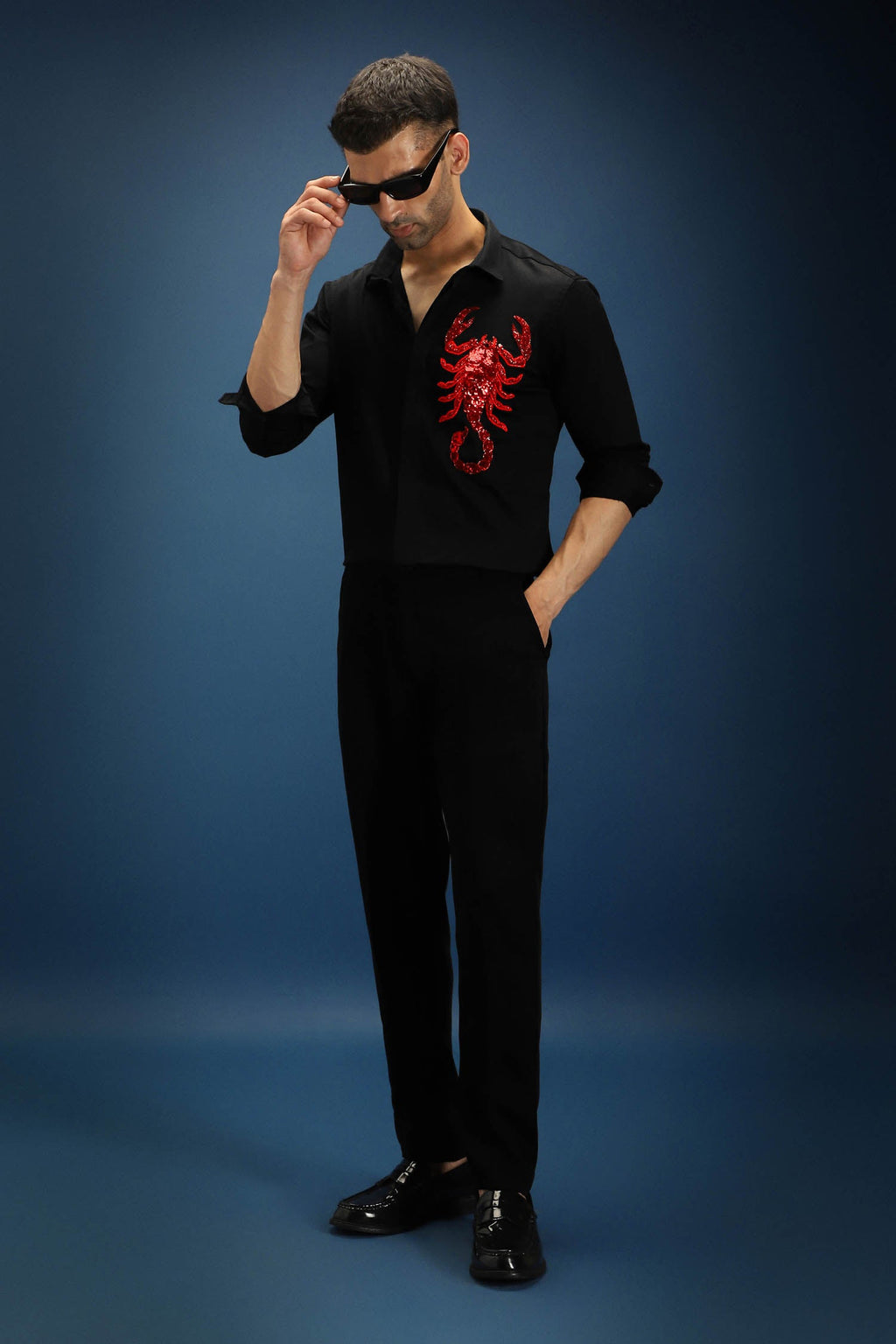 Scorpion Hand Embroidered Designer Shirt - Black