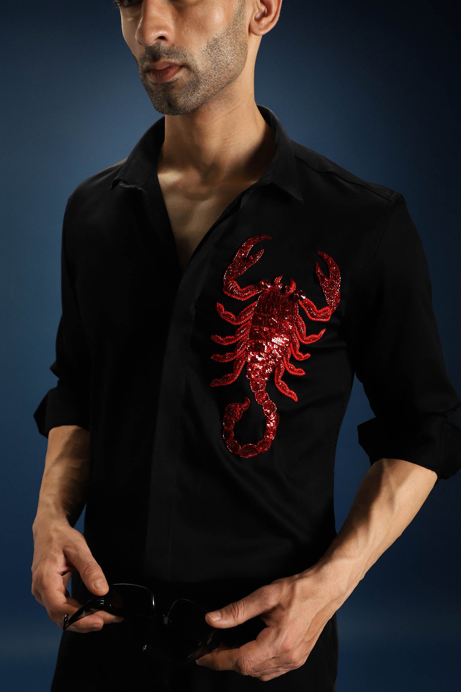 Scorpion Hand Embroidered Designer Shirt - Black