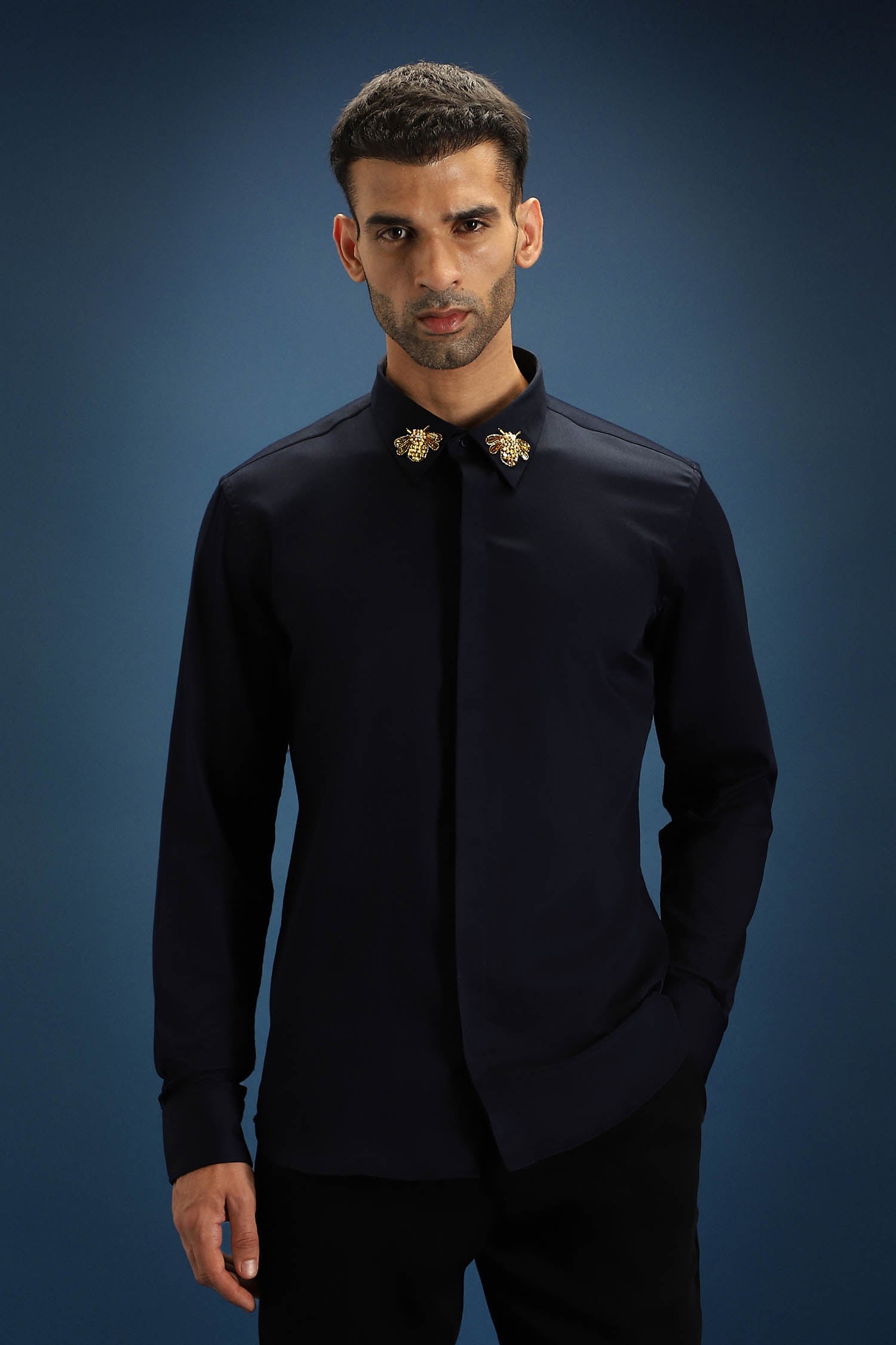 Collar Bumblebee Hand Embroidered Designer Shirt - Navy