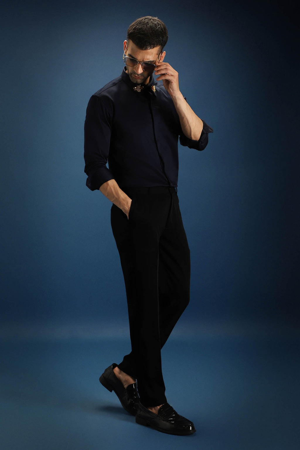 Collar Bumblebee Hand Embroidered Designer Shirt - Navy