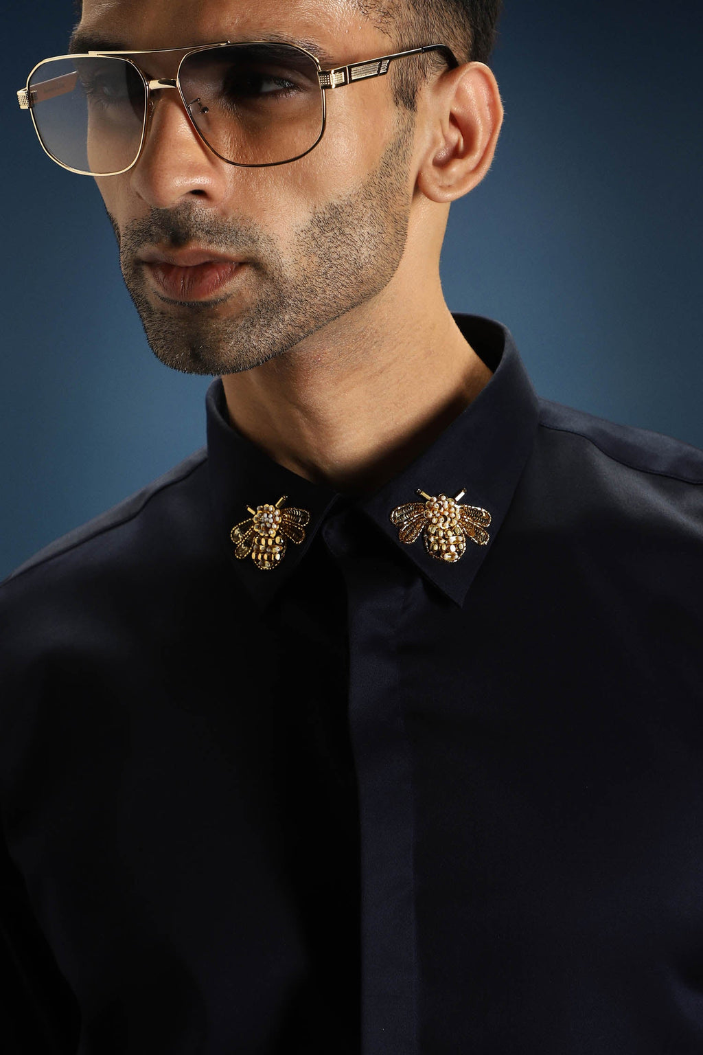 Collar Bumblebee Hand Embroidered Designer Shirt - Navy