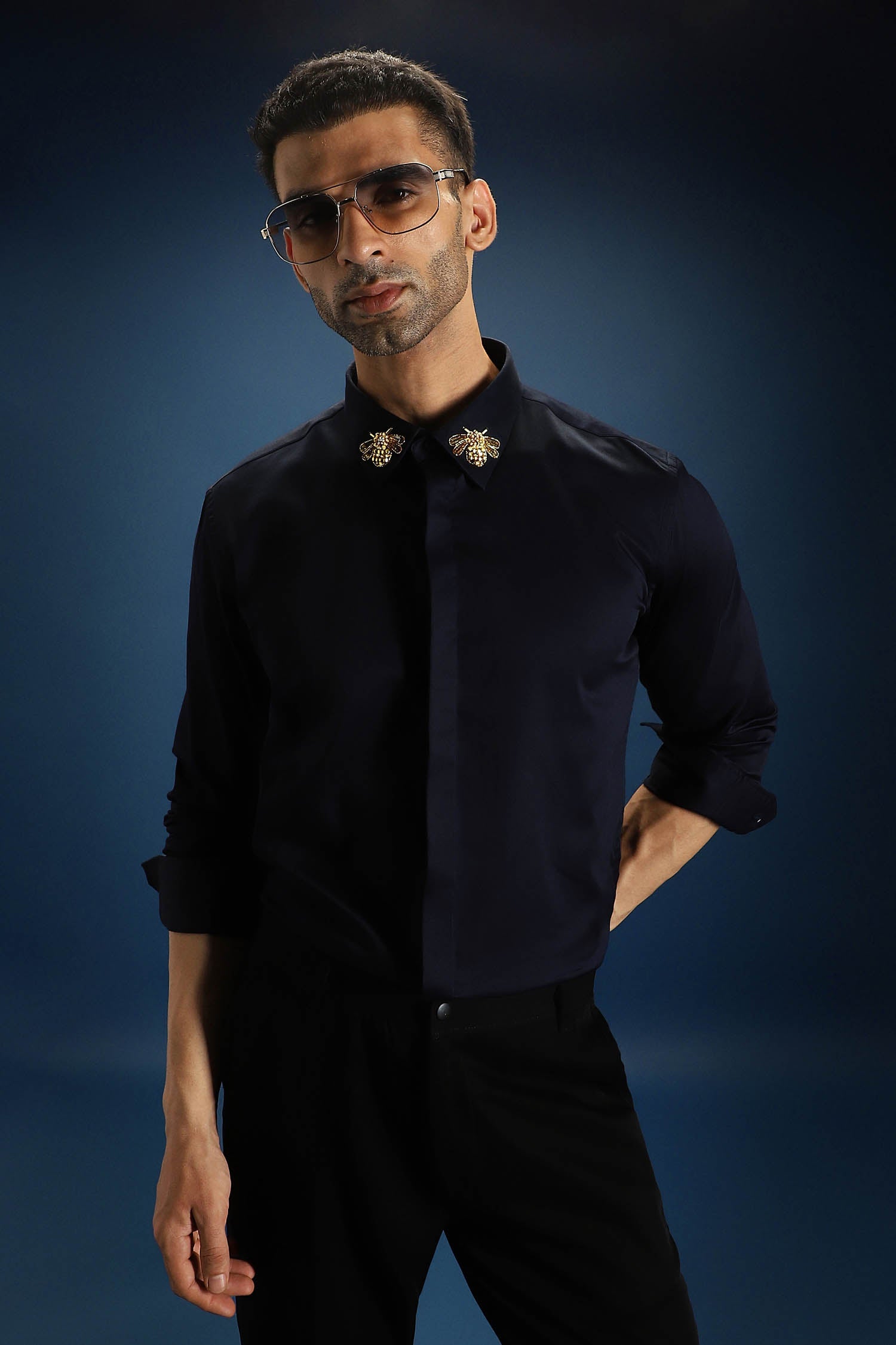 Collar Bumblebee Hand Embroidered Designer Shirt - Navy