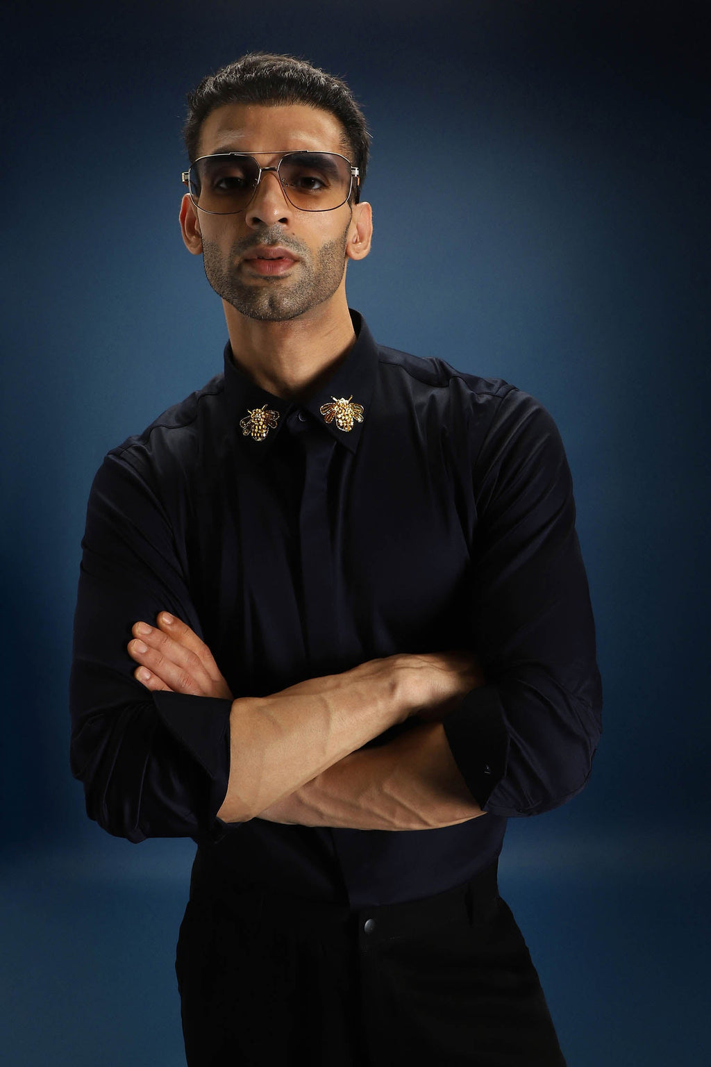 Collar Bumblebee Hand Embroidered Designer Shirt - Navy