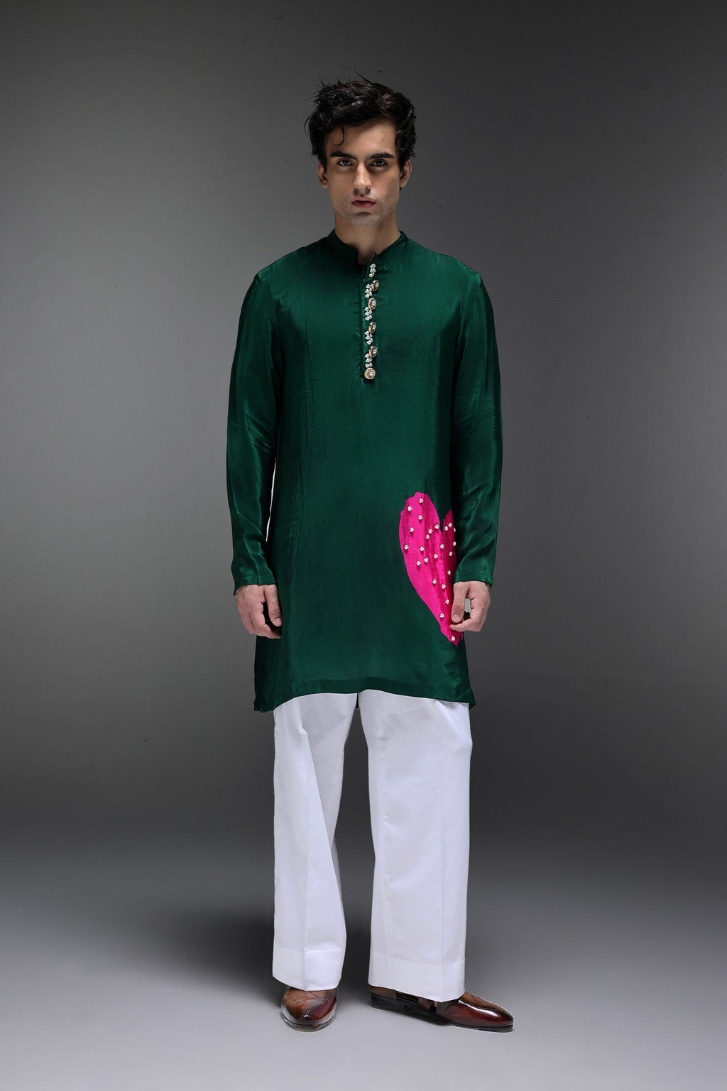 Pearl Heart - Hand Embroidered Designer Kurta - Bottle Green