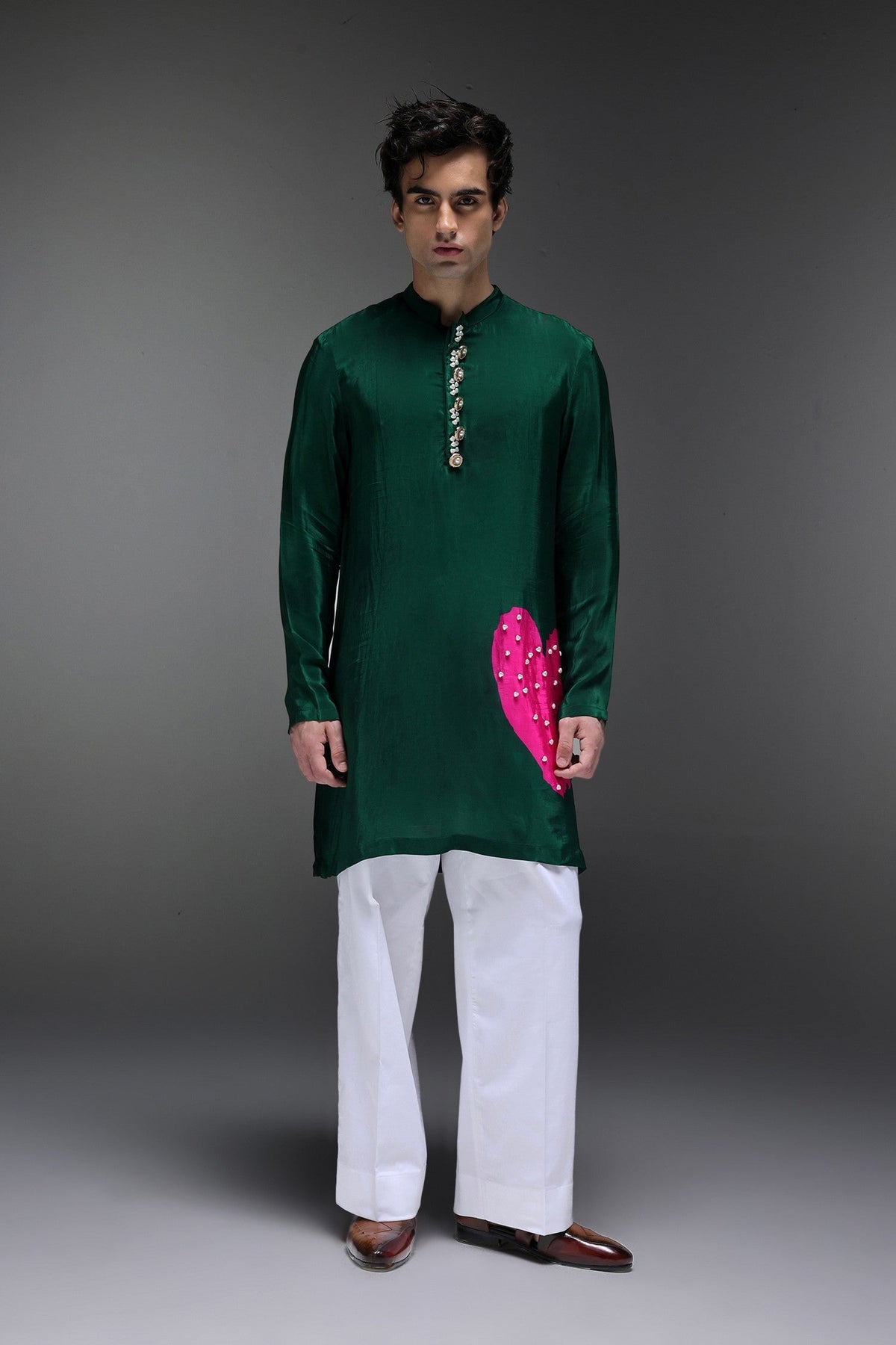 Pearl Heart - Hand Embroidered Designer Kurta - Bottle Green