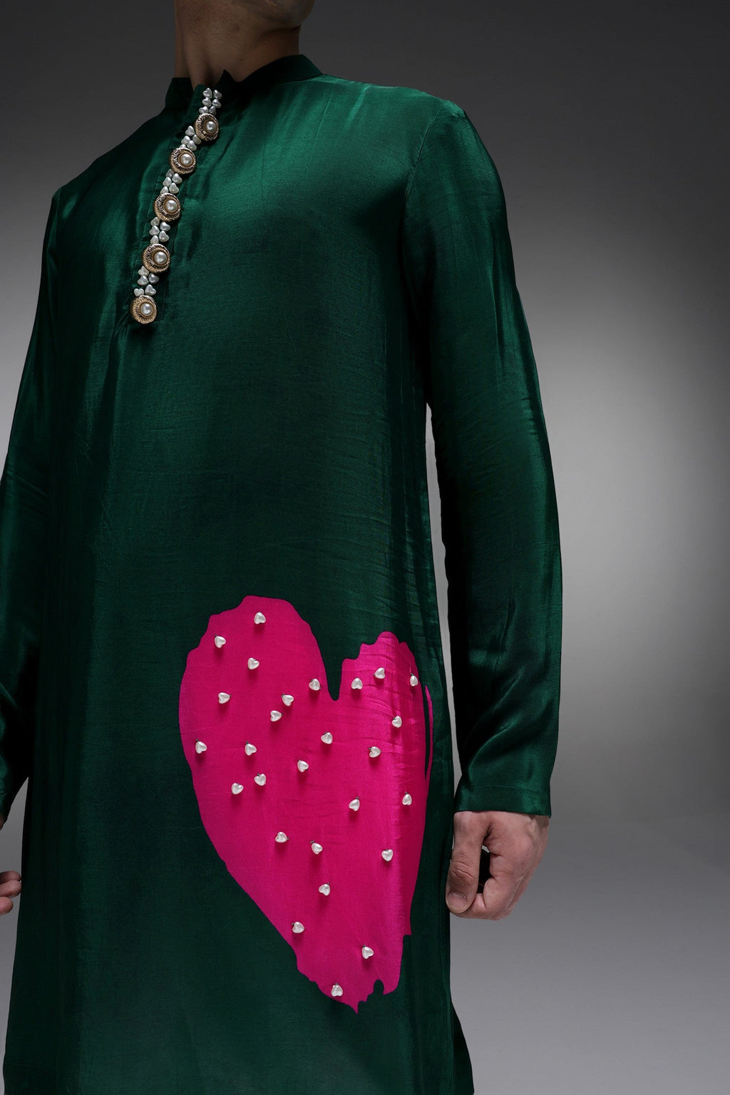 Pearl Heart - Hand Embroidered Designer Kurta - Bottle Green