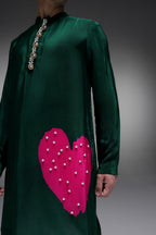 Pearl Heart - Hand Embroidered Designer Kurta - Bottle Green