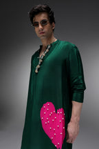Pearl Heart - Hand Embroidered Designer Kurta - Bottle Green