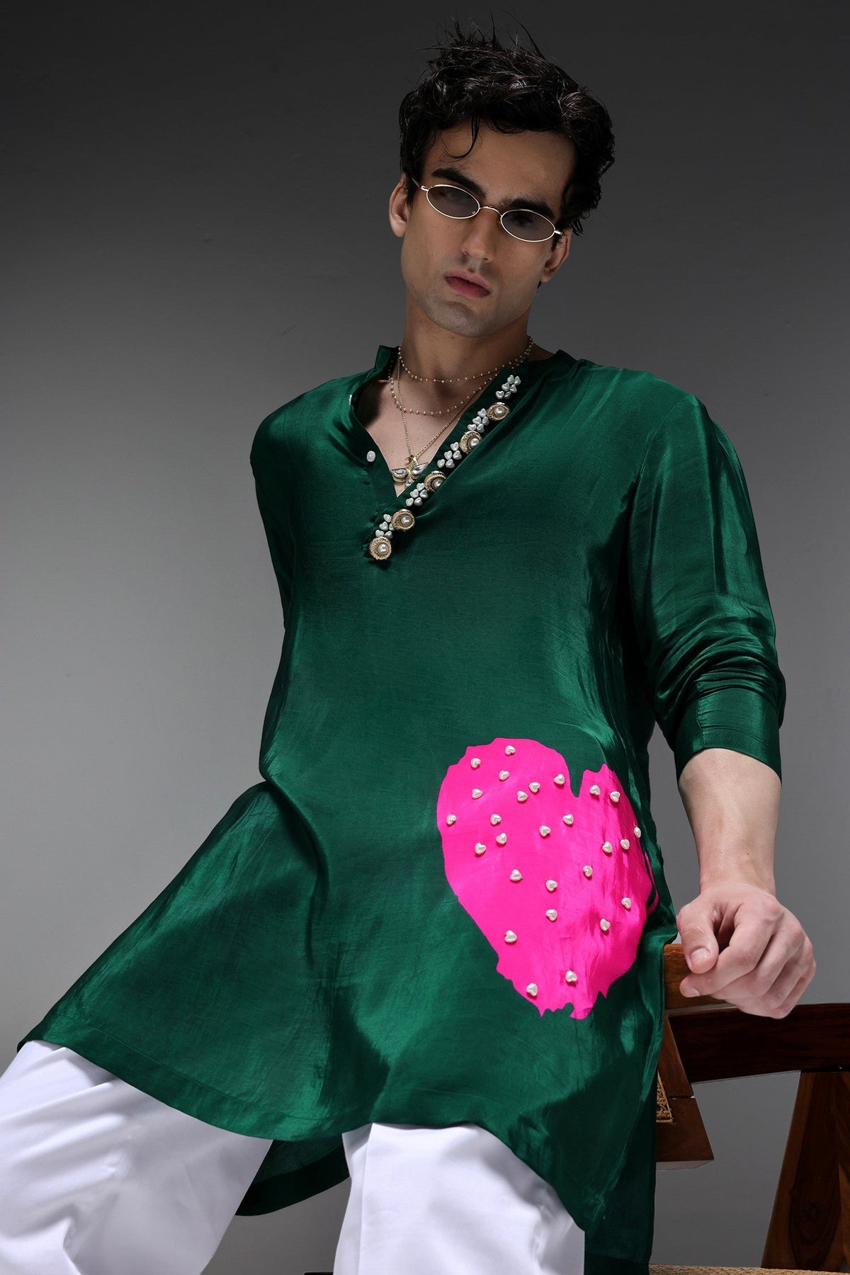 Pearl Heart - Hand Embroidered Designer Kurta - Bottle Green